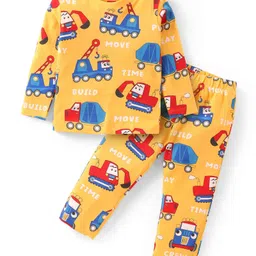 Babyhug Cotton Knit Full Sleeves Night Suit With Vehicles Print - Mustard-picture-22
