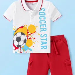 Babyhug Single Jersey Knit Half Sleeves Collar T-Shirt & Shorts Set With Soccer Star Text Print - Red & White-picture-16