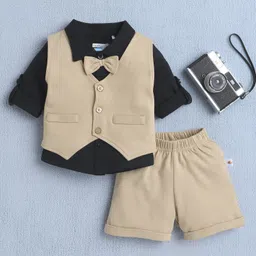 BUMZEE Cotton Full Sleeves Bow Applique Detailed 3 Piece Party Suit Set - Black & Beige-picture-26