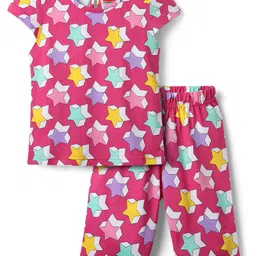 Babyhug Cotton Knit Cap Sleeves Capri Night Suit With Stars Print - Pink-picture-10