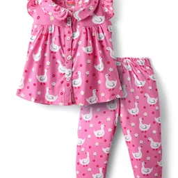 Babyhug Cotton Knit Frill Sleeves Co-ords Front Open Night Suit With Floral Print - Pink-picture-12