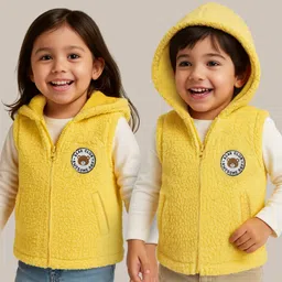 Babyhug Fur Knit Sleeveless Hoodie With Bear Patch - Yellow-picture-13