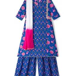Pine Kids Cotton Woven Three Fourth Sleeves Floral Printed Kurta & Gharara with Dupatta Set - Blue-picture-19