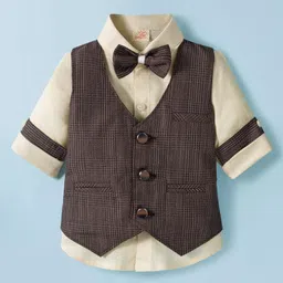 Rikidoos Full Sleeves Solid Shirt With Waist Coat & Bow Set - Beige & Brown-picture-18
