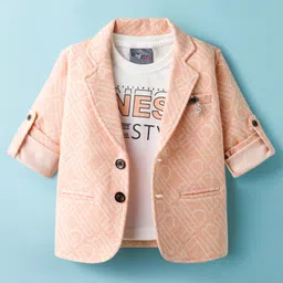 Dapper Dudes Full Sleeves Alphabets Printed Blazer With Tee Set - Peach-picture-28