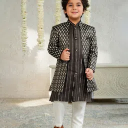 AJ Dezines Jacquard Woven Full Sleeves Floral Embroidered Kurta Pyjama With Sherwani Jacket Set - Brown-picture-23