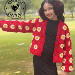 Woonie Handknitted Full Sleeves Floral Designed Cardigan - Red-picture-11