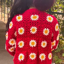 Woonie Handknitted Full Sleeves Floral Designed Cardigan - Red image 3