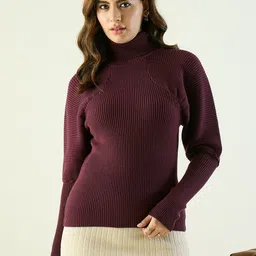Spink Women Ribbed Pullover High Neck Sweaters-image-99