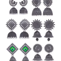 Sangria Set Of 6 Silver-Plated Beaded Oxidized Jhumka Earrings-picture-17
