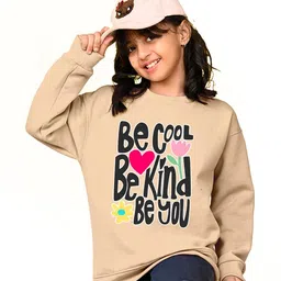 NUSYL Fleece Knit Full Sleeves Be Cool Be Kind Text Printed Light Winter Sweatshirt - Beige image 5