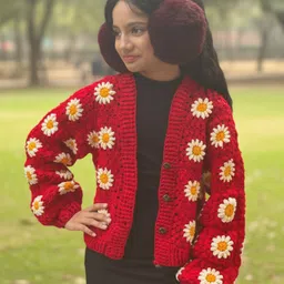 Woonie Handknitted Full Sleeves Floral Designed Cardigan - Red image 5