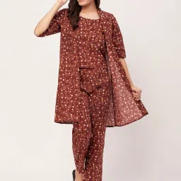 Moomaya Brown Cotton Floral Print Top With Pyjamas & Shrug image 1