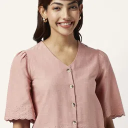 Akkriti by Pantaloons Pink Cotton Embroidered Crop Shirt image 1
