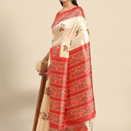 Saree Mall Beige & Red Digital Print Saree With Unstitched Blouse image 1