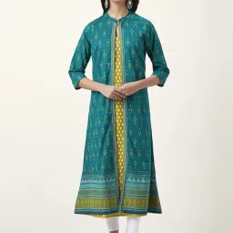 Rangmanch by Pantaloons Green Cotton Printed A Line Kurta image 1
