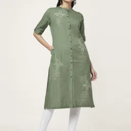 Rangmanch by Pantaloons Olive Green Cotton Embroidered A Line Kurta image 1