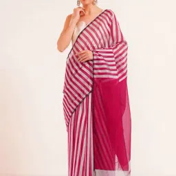 Jaypore Pink Cotton Silk Striped Maheshwari Saree-image-17