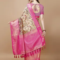 JUST FASHION Beige & Pink Silk Printed Saree With Unstitched Blouse image 2