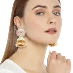 Zaveri Pearls Enamelling Sea Green & Pink Kundan & Pearls Ethnic Jhumki Earrings - ZPFK9612 image 2