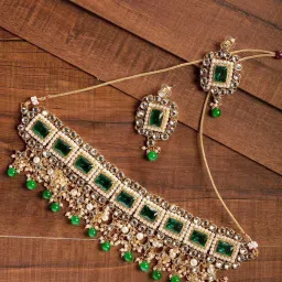Zaveri Pearls Alluring Green Stones & Beads Choker Necklace Earring & Maangtikka Set-ZPFK9423 image 2