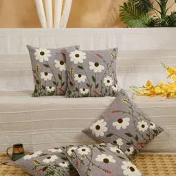 SOKNACK Grey & White 5 Pieces Floral Printed Cotton Square Shaped Cushion Covers-image-21