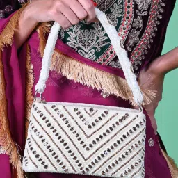 Odette White Fabric Embellished Clutch image 2