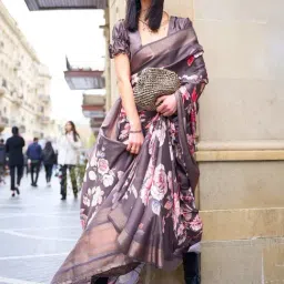 Saree Mall Brown Silk Floral Print Saree With Unstitched Blouse-image-33