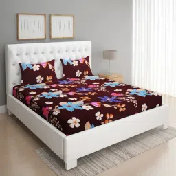 Romee Floral Maroon 144 TC Cotton Queen Sized Bed Sheet with 2 Pillow Covers-image-83