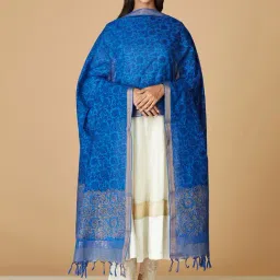 FabBasics by Fabindia Blue Cotton Floral Print Dupatta-image-6