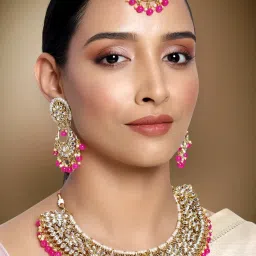 Peora Gold Plated Kundan Choker Necklace Earrings with Maang Tikka Set image 2