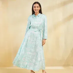 Fabindia Women's Aqua Printed Spread Collar Full Sleeves Shirt Dress-picture-12