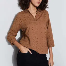 Fame Forever By Lifestyle Brown Cotton Regular Fit Embroidered Top-picture-30