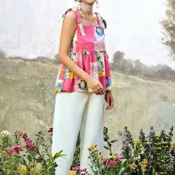 Libas Pink & Off White Cotton Floral Printed Kurti image 1