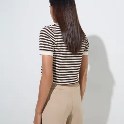 Wardrobe by Westside Dark Brown Striped Knit-Textured Cotton Top image 2