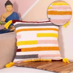 STITCHNEST Multicolor Polycotton Hand Crafted Embroidered Bohemian Multiline Cushion Cover image 2