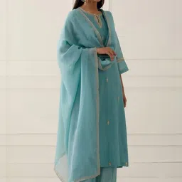 ROZLAND Women Ethnic Motifs Embroidered Regular Kurta with Trousers & With Dupatta image 5