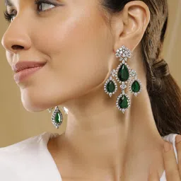 Rubans Silver-Plated Emerald Green & Cubic Zirconia Studded Premium Chandelier Earrings image 1