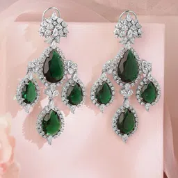 Rubans Silver-Plated Emerald Green & Cubic Zirconia Studded Premium Chandelier Earrings image 2