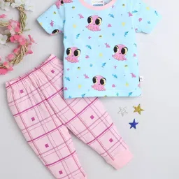 Bumzee Kids Sky Blue & Pink Printed T-Shirt with Pyjamas image 1