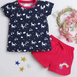 Bumzee Kids Navy & Dark Pink Printed T-Shirt with Shorts image 1