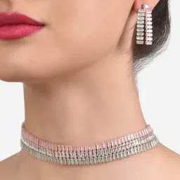 Zaveri Pearls Pink Green Dazzling Baguette Cubic Zirconia Party Bling Necklace Earring Set-ZPFK14034-image-34
