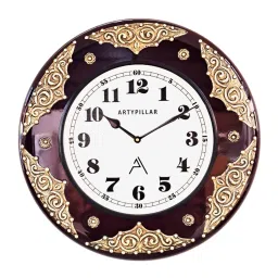 ARTYPILLAR 16In Wooden Frame with Brass Emboss Work and 10In Dome Glass Dial Wall Clock image 1