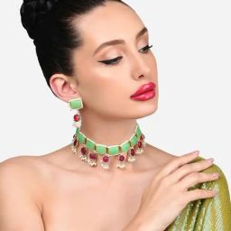 Zaveri Pearls Green Pink Stones & Pearls Drop Choker Necklace & Earring Set-ZPFK15873-picture-16