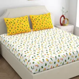 Home Ecstasy Floral Yellow 140 TC Cotton King Fitted Bedsheet with 2 Pillow Cover-image-37