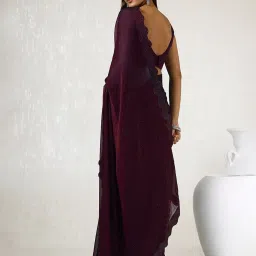 Soch Wine Chiffon Self Design Saree with Unstitched Blouse image 2