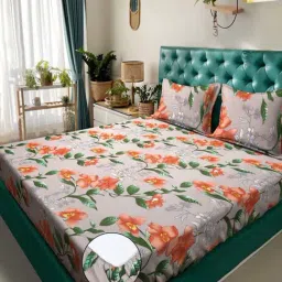Klotthe Beige & Orange 300 TC Polycotton Double Elastic Book Fold Bedsheet with 2 Pillow Covers-picture-43