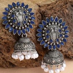 Karatcart Oxidized Silver Blue Stone Studded Jhumki Earrings for Women-picture-37