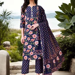 Anouk Floral Printed Notch Neck Pure Cotton Kurta With Trouser And Dupatta-image-9