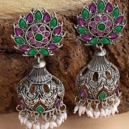 Karatcart Oxidized Silver Purple & Green Stone Dangler Earrings for Women-picture-3